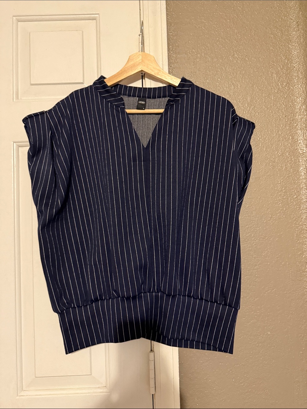 Cider-Navy Pinstripe V-Neck Blouse - Womens Top